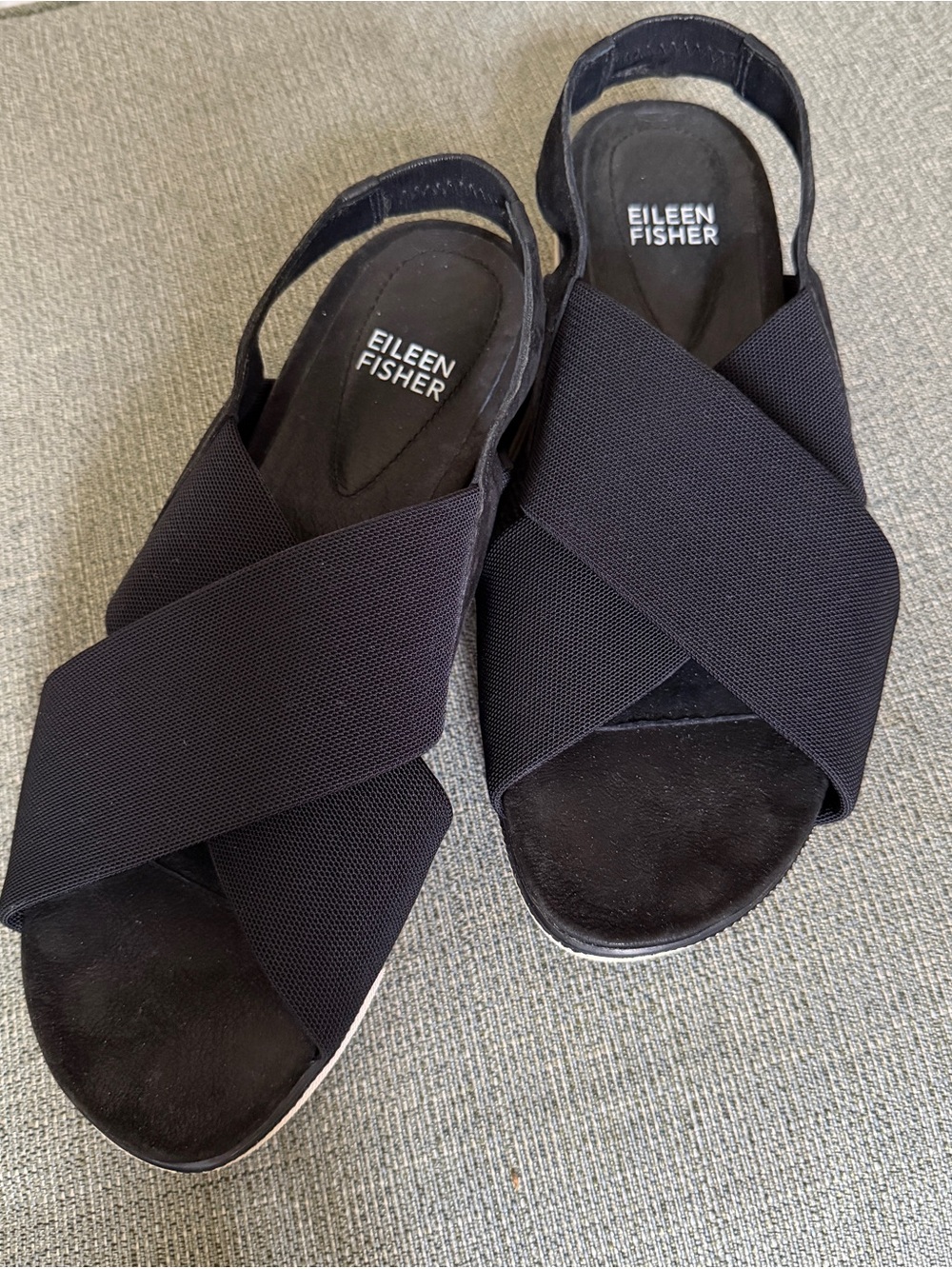 Eileen Fisher Black Criss-Cross Wedge Slingback Sandals